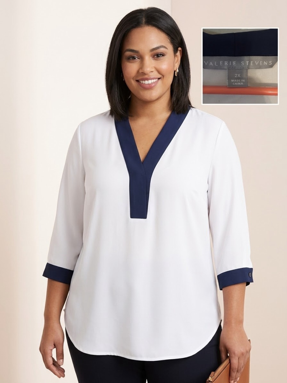 Valerie Stevens White Tunic with Navy Trim - V-Neck